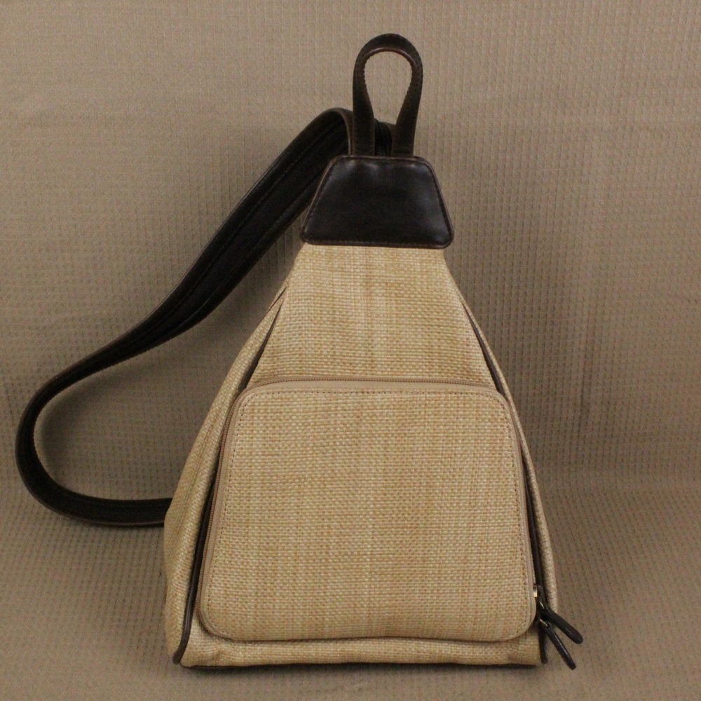 Villager Liz Claiborne Straw Sling Backpack Tan Brown Coastal Grandma Boho Small